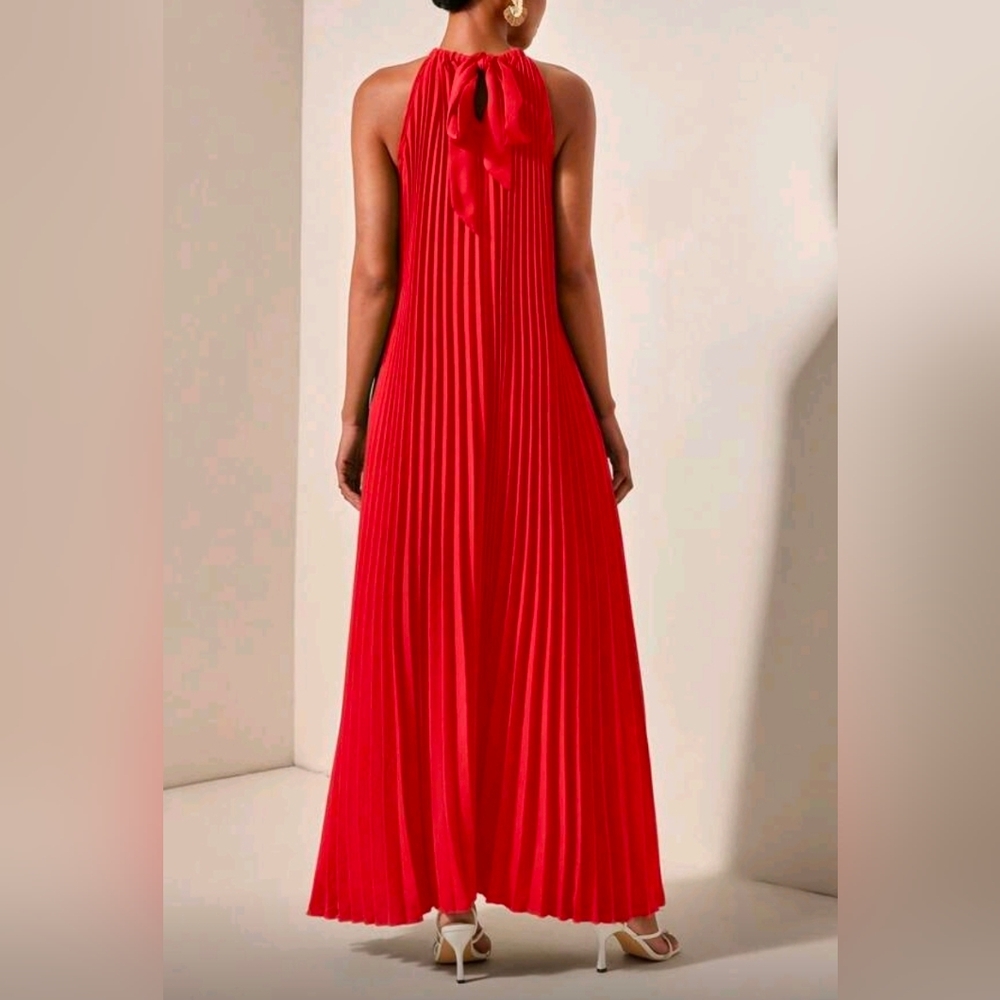 New Glam Halter Tie Pleated Maxi Dress Red - Picture 6 of 10